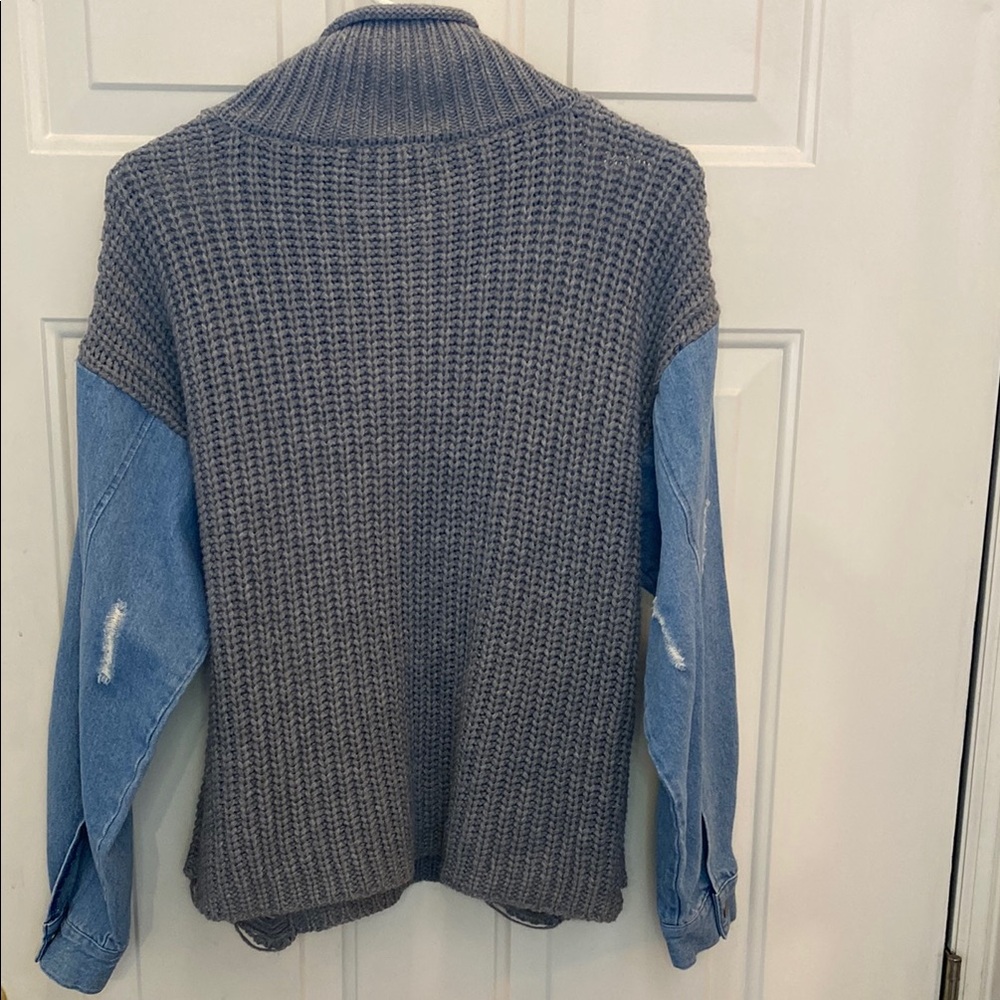 Say What? Size Large Gray Knit Sweater Top with Denim Sleeves - Picture 4 of 9